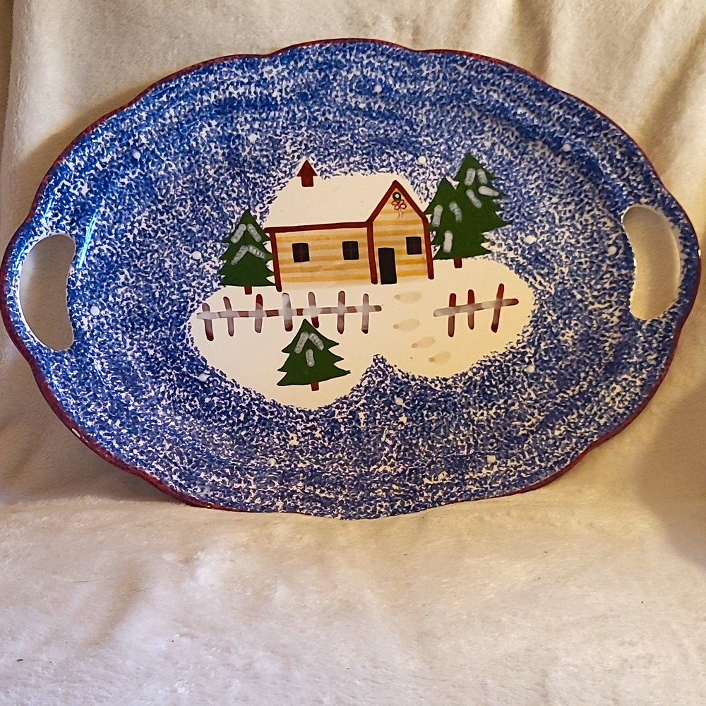 Holiday Mountain Lodge 19" Oval Serving Platter Blue Spongeware Cabin Tray Large